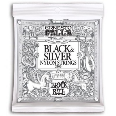 Pacote branco de cordas de nylon para guitarra com design preto detalhado e texto