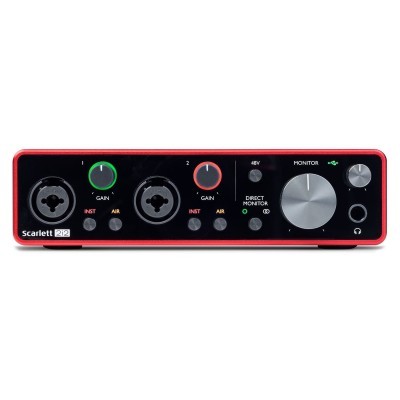 Interface de áudio Focusrite Scarlett 2i2 preta com bordas vermelhas e botões coloridos