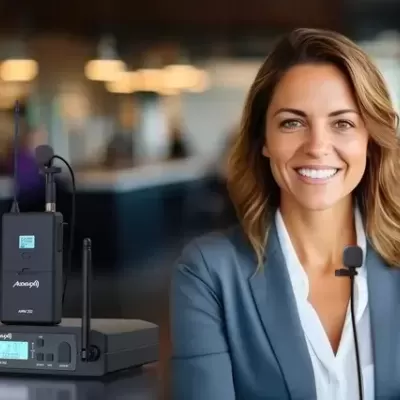 Equipamento de microfone sem fios preto Amphony com ecrã digital, usado por mulher sorridente em ambiente de escritório