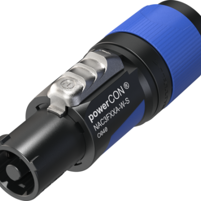 Conector eléctrico powerCON preto com azul, texto branco, em fundo branco.