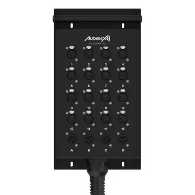 Painel preto com 16 entradas XLR e 4 saídas XLR AUDIBAX