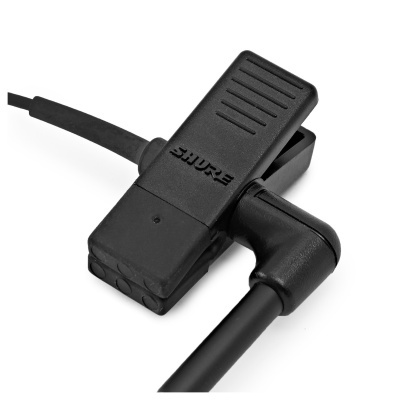 Clip preto Shure com cabo e conector em fundo branco