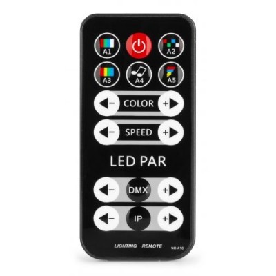 comando remoto LED PAR preto com vários botões coloridos