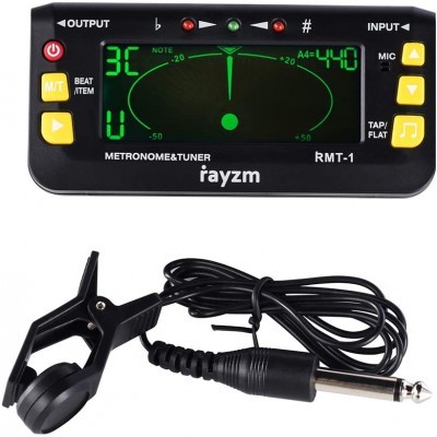 Afinador e metrónomo digital rayzm RMT-1 com clip e cabo preto.