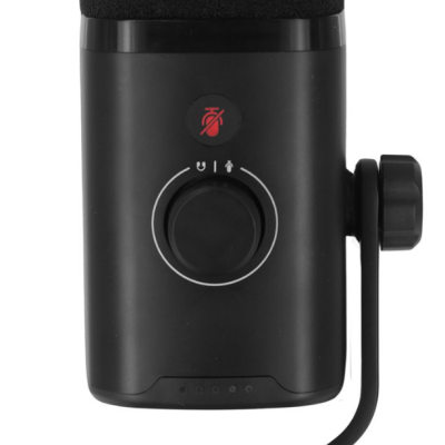 Microfone preto com botão e ícones de controle