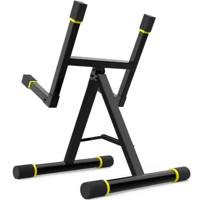 Suporte para teclado preto com detalhes amarelos sobre fundo branco