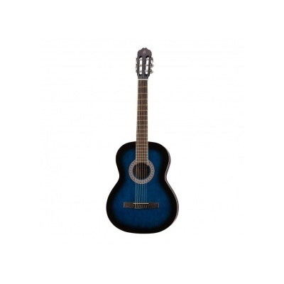 Guitarra clássica azul com degradê preto e seis cordas sobre fundo branco