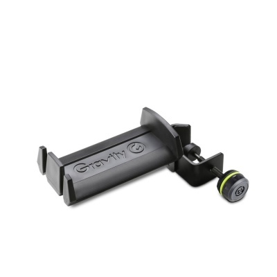 Suporte ajustável para telemóvel preto com mecanismo de aperto e texto Gravity.