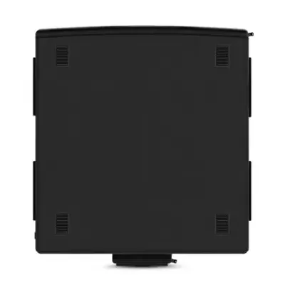 Computador desktop preto visto de frente com entradas de ventilação