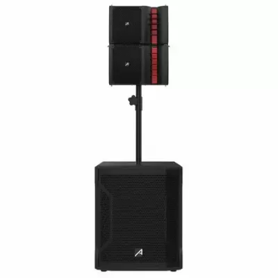 Sistema de colunas de som negras com detalhes vermelhos montadas em suporte