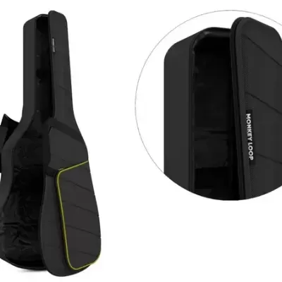 Estojo rígido preto para guitarra com bolsa lateral amarela e texto MONKEY LOOP