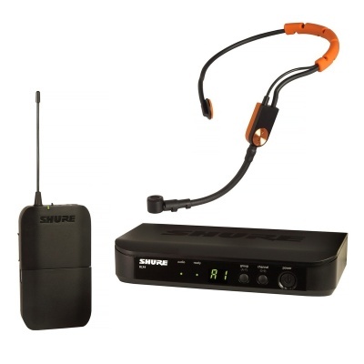 Kit microfone sem fio Shure com microfone headset preto laranja, transmissor de bolso e receptor com display