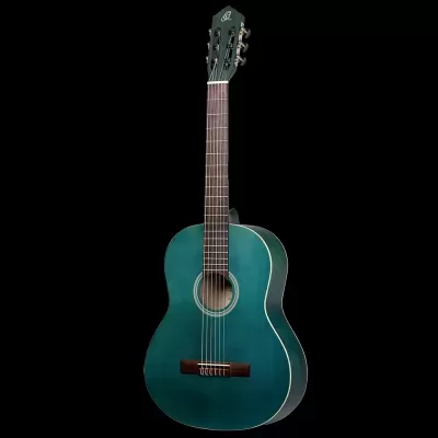 Guitarra clássica azul esverdeada com fundo preto