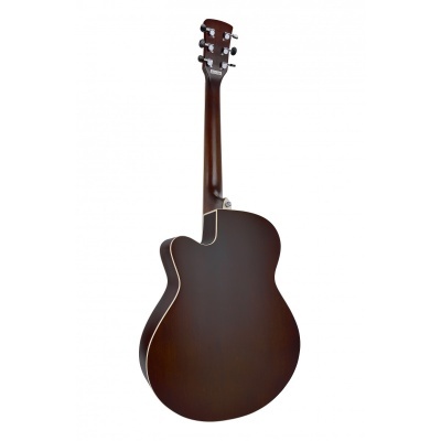 Guitarra acústica castanha escura vista de trás com corpo recortado