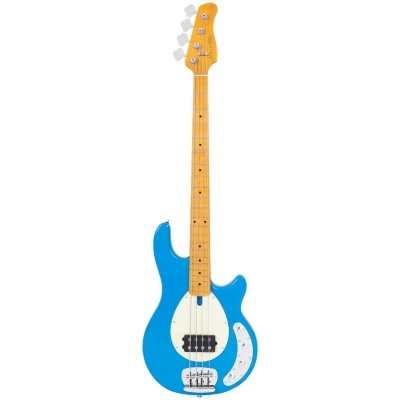 Guitarra elétrica azul com escudo branco e braço claro