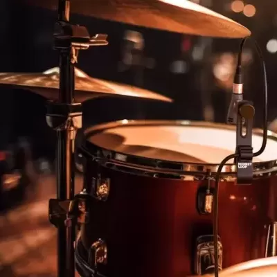 Bateria musical em estúdio com microfone e suporte de prato