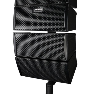 Coluna de colunas sonoras pretas empilhadas com grelha metálica e suporte preto