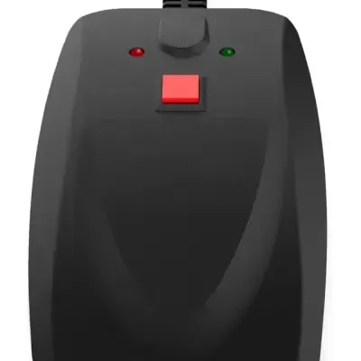 Dispositivo eletrónico negro com botão vermelho e LEDs vermelho e verde