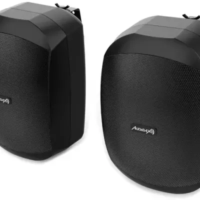 par de colunas de parede pretas Audibax com grelha texturada