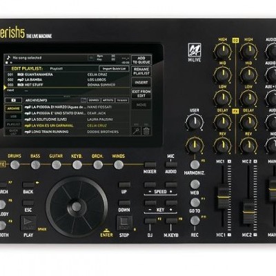 Equipamento para mistura de áudio Merish5 com ecrã a cores e botões pretos