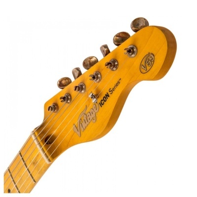 Cabeça de guitarra elétrica em madeira clara com inscrições e tarraxas metálicas