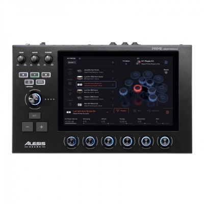 Interface de áudio digital preto com ecrã táctil colorido e botões azuis