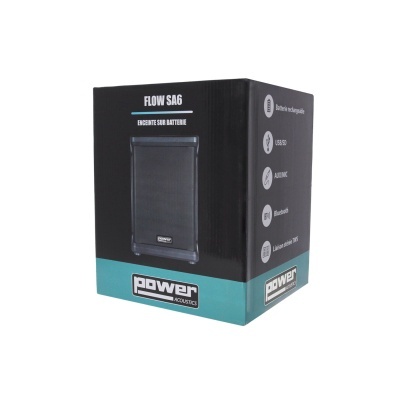 Embalagem de altifalante preto FLOW SA6 Power Acoustics em fundo branco