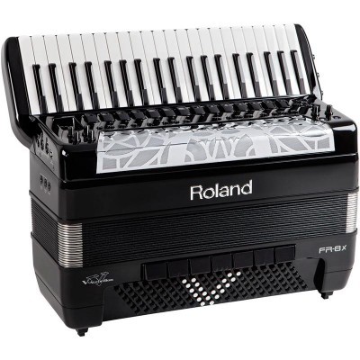 Acordeão Roland FR-8X preto com teclas e padrões cinzentos e brancos