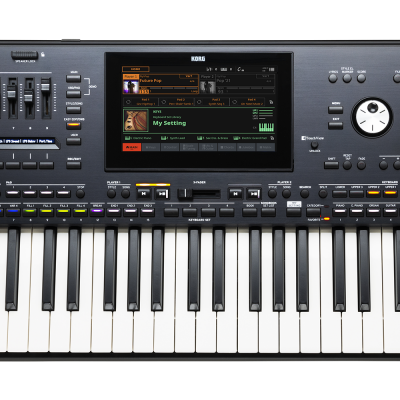 Teclado musical preto com ecrã digital e botões no painel superior