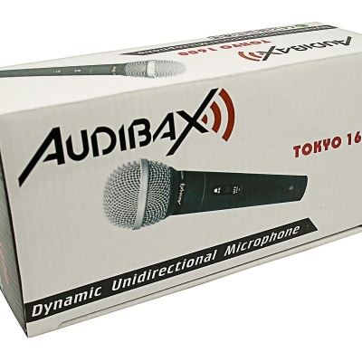 Caixa branca de microfone Audibax Tokyo 1600 com texto e imagem do microfone