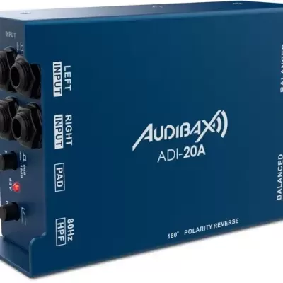 Caixa azul de equipamento áudio Audibax ADI-20A com entradas, saídas, botões e texto branco