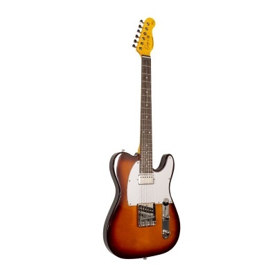 Guitarra elétrica tipo Telecaster sunburst com ponte metálica e escudo branco