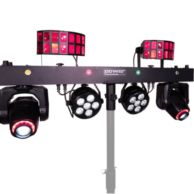 Dispositivo de iluminação de palco preto com luzes LED brancas e vermelhas