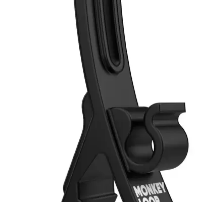 Suporte para guitarra ou baixo preto com parafuso metálico e texto MONKEY LOOP