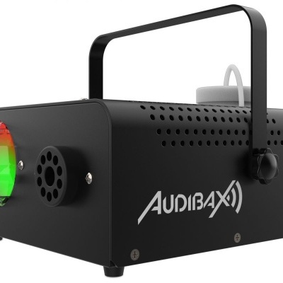 Máquina de efeitos luminosos preta com luzes RGB multicoloridas e texto Audibax