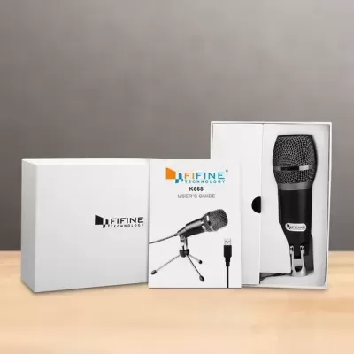 Microfone preto com guia do utilizador e caixa branca da FIFINE TECHNOLOGY