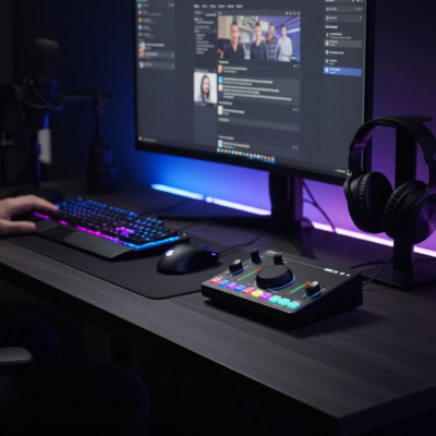 Setup de escritório com teclado RGB, rato, controlador de áudio, auscultadores e monitor exibindo chat.