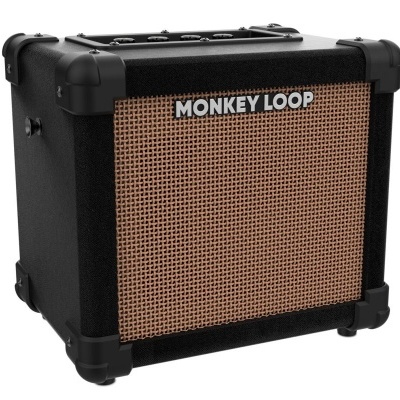 Amplificador de guitarra preto com grelha xadrez castanha e bege com texto MONKEY LOOP