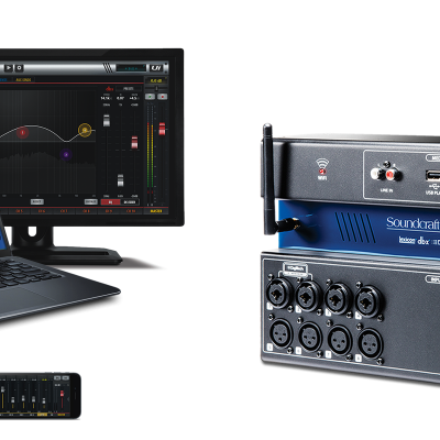 Equipamento de áudio e software de mistura em laptop, monitor, smartphone e interface áudio