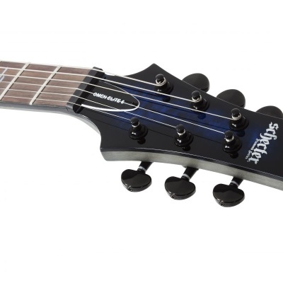 Cabeça de guitarra elétrica preta com tarraxas pretas e texto branco Schecter OMEN-6