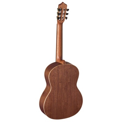 Guitarra acústica de madeira escura vista de costas