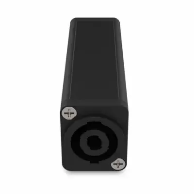 Dispositivo eletrónico preto com parafusos e encaixe circular.