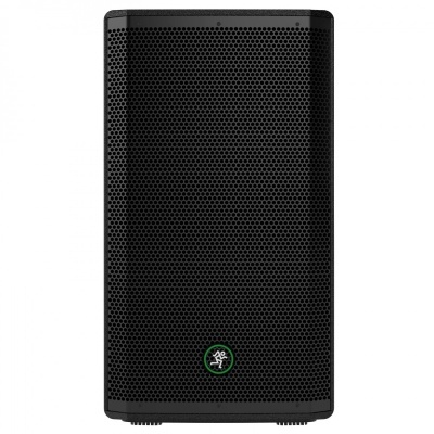 Coluna de som preta com grelha perfurada e logótipo verde