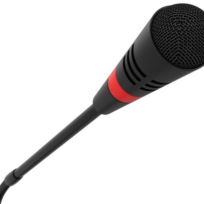 Microfone preto com faixa vermelha e cabo