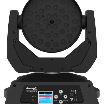 Luz profissional móvel preta Audibax Pro IOWA 360 ZOOM com painel de controlo e display LCD