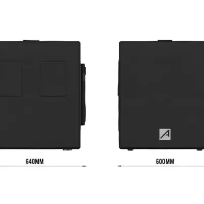 Mala preta com alças e etiqueta com símbolo A mostrando as medidas