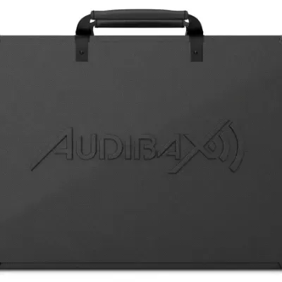 Mala preta com alça e logo AUDIBAX em relevo