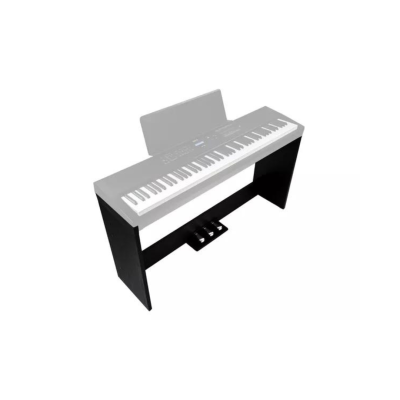 Piano digital preto com teclado branco e pedais