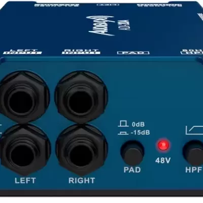 Interface de áudio Audient azul com entradas jack, botões PAD e HPF e luz 48V