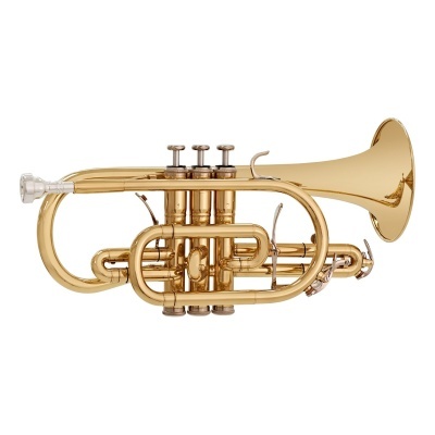 Corneta dourada de metal com três válvulas